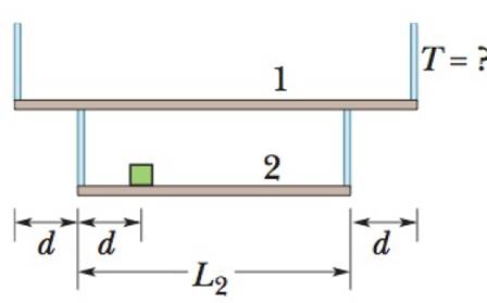 Chapter 12, Problem 18P, GO In Fig. 12-35, horizontal scaffold 2, with uniform mass m2 = 30.0 kg and length L2= 2.00 m, hangs 