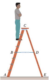 Chapter 12, Problem 39P, For the stepladder shown in Fig. 12-53, sides AC and CE are each 2.44 m long and hinged at C. Bar BD 