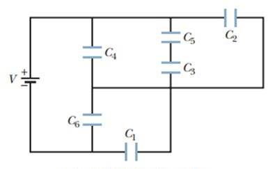 Chapter 25, Problem 15P, GO In Fig. 25-31, a 20.0 V battery is connected across capacitors of capacitances C1 = C6 = 3.00 FC3 