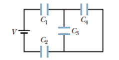 Chapter 25, Problem 57P, SSMIn Fig. 25-51, V = 9.0 V, C1 = C2= 30 F, and C3 = C4 = 15 F. What is the charge on capacitor 4? 