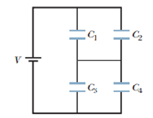Chapter 25, Problem 59P, In Fig.25-53, V = 12 V, C1 = C4 = 2.0 F, C2 = 4.0 F, and C3 = 1.0 F. What is the charge on capacitor 
