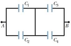 Chapter 25, Problem 73P, Figure 25-58 shows a four capacitor arrangement that is connected to a larger circuit at points A 