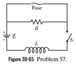 Chapter 30, Problem 57P, In Fig. 30-65, R = 15 , L = 5.0 H, the ideal battery has E = 10 V, and the fuse in the upper branch 