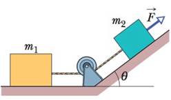 Chapter 5, Problem 78P, In Fig. 5-64, a force F of magnitude 12 N is applied to a FedEx box of mass m2 = 1.0 kg. The force 