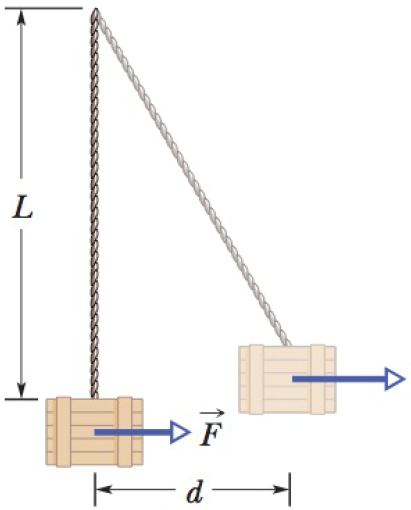 Chapter 7, Problem 57P, A 230 kg crate hangs from the end of a rope of length L = 12.0 m. You push horizontally on the crate 