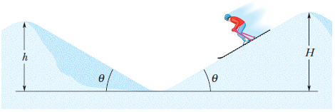 Chapter 8, Problem 72P, Two snowy peaks are at heights H = 850 m and h = 750 m above the valley between them. A ski run 