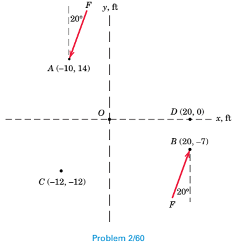 Chapter 2.5, Problem 60P, For F=65lb, compute the combined moment of the two forces about (a) point O, (b) point C, and (c) 