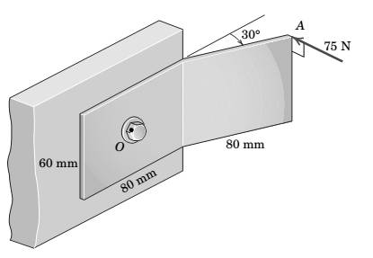 Chapter 2.8, Problem 141P, The 75-N force acts perpendicular to the bent portion of the wall bracket shown. Determine the 