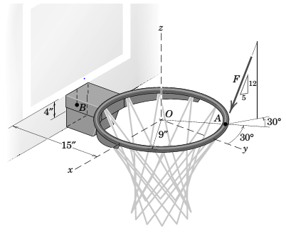 Chapter 2.8, Problem 145P, A basketball player applies a force F=65lb to the rim at A. Determine the equivalent force-couple 