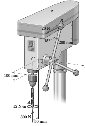 Chapter 2.9, Problem 154P, The two forces and one couple act on the elements of a drill press as shown. Determine the 