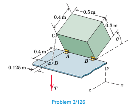 Chapter 3.5, Problem 126P, The 125-kg homogeneous rectangular solid is held in the arbitrary position shown by the tension T in 