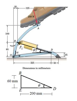 Chapter 4.6, Problem 103P, A 250-N force is applied to the foot-operated air pump. The return spring S exerts a 3-Nâ€¢ m moment 