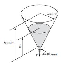 Chapter 9, Problem 36P, A water tank shaped as a cone (R = 2 m, H = 4 m) has a circular hole at the bottom (d = 18mm), as 