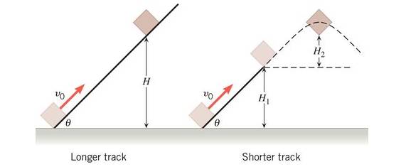 Chapter 6, Problem 48P, The drawing shows two frictionless inclines that begin at ground level (h=om) and slope upward at 