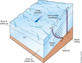 Figure 16 6 Most Glacier Movement Is By Internal Plastic Deformation Of Ice At Depth But Glaciers With Meltwater At Their Base Also Move By Basal Slippage Why Does Surface Ice Move