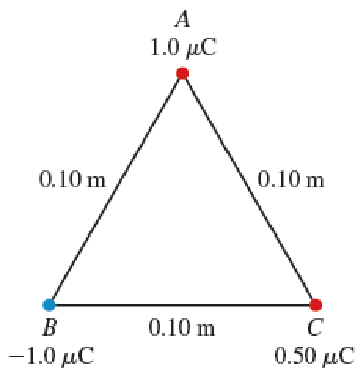 Chapter 23, Problem 72PQ, Three particles with charges of 1.0 C, 1.0 C, and 0.50 C are placed at the corners A, B, and C of an 