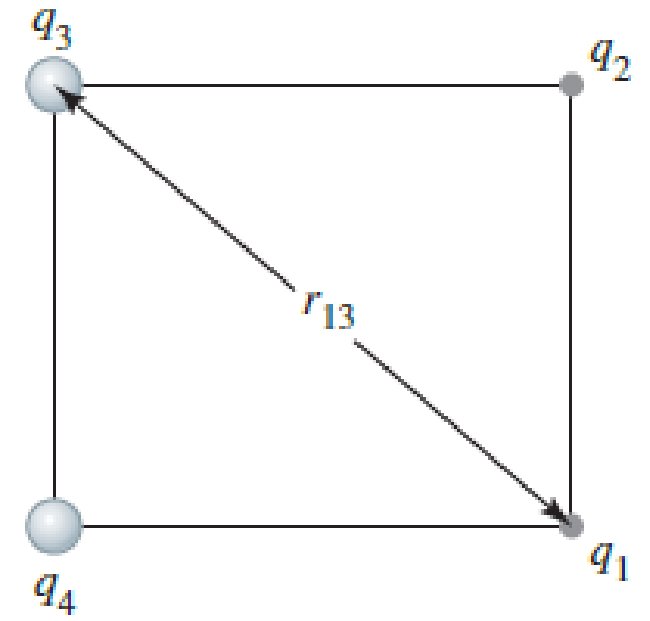 Chapter 26, Problem 14PQ, Four charged particles are at rest at the corners of a square (Fig. P26.14). The net charges are q1 