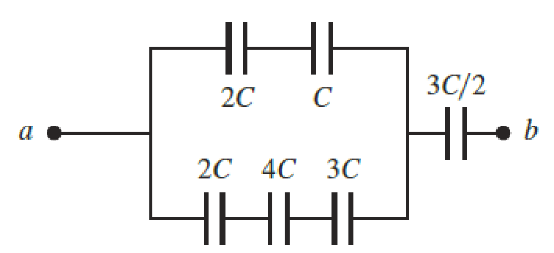 Chapter 27, Problem 24PQ, An arrangement of capacitors is shown in Figure P27.23. a. If C = 9.70  105 F, what is the 
