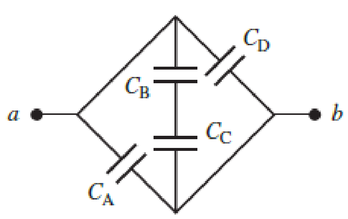 Chapter 27, Problem 30PQ, For the four capacitors in the circuit shown in Figure P27.30, CA = 1.00 F, CB = 4.00 F, CC = 2.00 