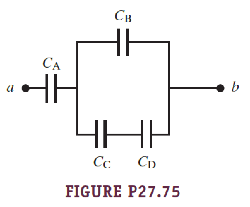 Chapter 27, Problem 75PQ, Figure P27.75 shows four capacitors with CA = 4.00 F, CB = 8.00 F. CC = 6.00 F. and CD = 5.00 F 