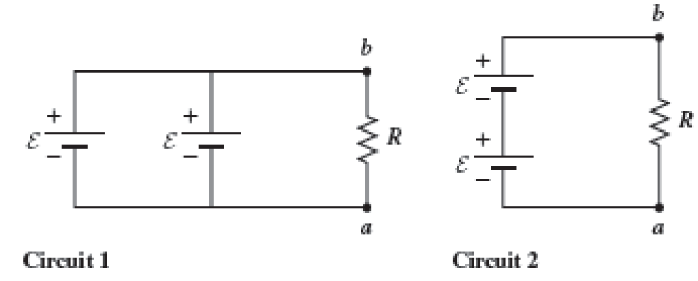Chapter 29, Problem 9PQ, Two circuits made up of identical ideal emf devices ( = 1.67 V) and resistors (R = 35.9 ) are shown 