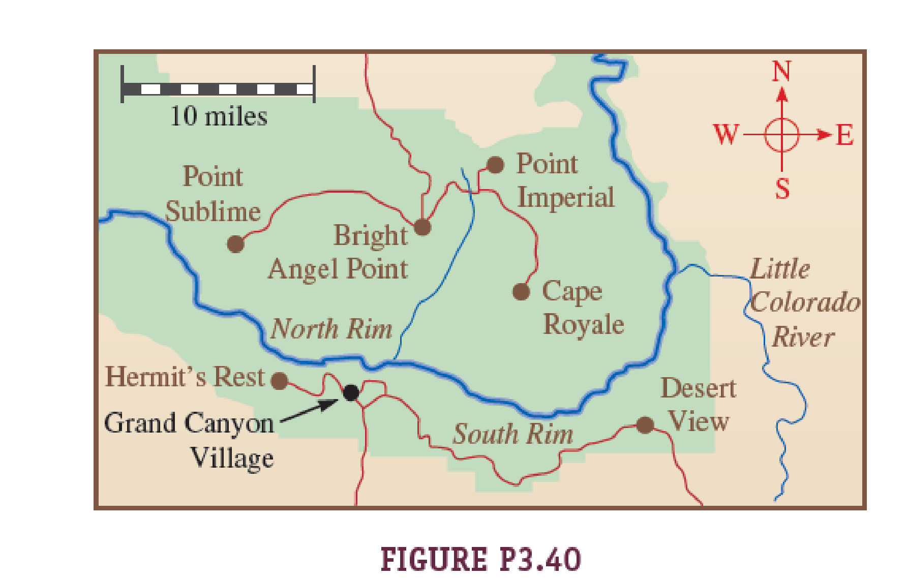 Chapter 3, Problem 40PQ, Figure P3.40 shows a map of Grand Canyon National Park in Arizona. You need a ruler and protractor 