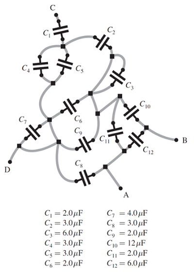 Chapter 25, Problem 65SP, 25.65 [II]	Referring to Fig. 25-12, what is the equivalent capacitance between terminals A and B? 