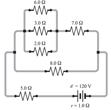 Chapter 28, Problem 34SP, 28.34 [II]	For the entire circuit shown in Fig. 28-17, find (a) the equivalent resistance; (b) the 