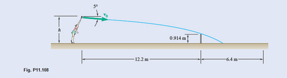 Chapter 11.4, Problem 11.108P, A tennis player serves the ball at a height h=2.5 m with an initial velocity of v0 at an angle of 5° 