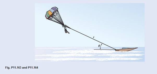 Chapter 11.5, Problem 11.163P, During a parasailing ride, the boat is traveling at a constant 30 km/hr with a 200-m long tow line. 