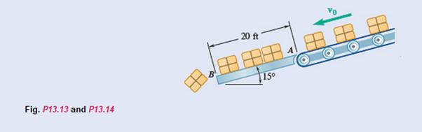 Chapter 13.1, Problem 13.14P, Boxes are transported by a conveyor belt with a velocity v0 to a fixed incline at A where they slide 