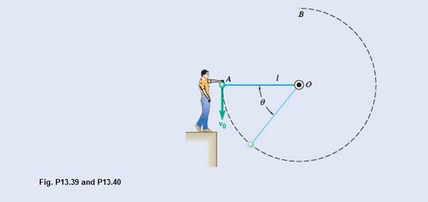 Chapter 13.1, Problem 13.39P, The sphere at A is given a downward velocity v0 of magnitude 5 m/s and swings in a vertical plane at 
