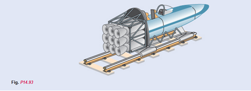 Chapter 14.3, Problem 14.93P, A rocket sled bums fuel at the constant rate of 120 lb/s. The initial weight of the sled is 1800 lb. 