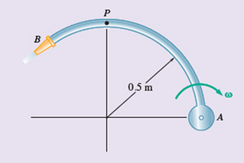 Chapter 15, Problem 15.255RP, flows through a curved pipe .AB that rotates with a constant clockwise angular velocity of 90 rpm. 