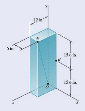 Chapter 15.1, Problem 15.13P, The rectangular block shown rotates about the diagonal OA with an constant angular velocity of 3.38 