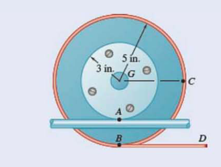 Chapter 15.4, Problem 15.113P, A 3-in.-radius drum is rigidly attached to a 5-in.-radius drum as shown. One of the drums roll s , example  2