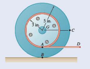 Chapter 15.4, Problem 15.114P, A 3-in.-radius drum is rigidly attached to a 5-in.-radius drum as shown. One of the drums roll s , example  1