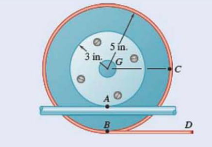 Chapter 15.4, Problem 15.114P, A 3-in.-radius drum is rigidly attached to a 5-in.-radius drum as shown. One of the drums roll s , example  2