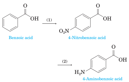 Chapter 18, Problem 18.48P, 18-48 4-Aminobenzoic acid is prepared from benzoic acid by the following two steps. Show reagents 