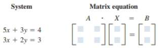 Chapter 6.3, Problem 2E, (a) Write the following system as a matrix equation AX=B .  (b) The inverse of A is (c) The solution , example  1