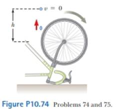 Chapter 10, Problem 10.74AP, A bicycle is turned upside down while its owner repairs a flat tire on the rear wheel. A friend 