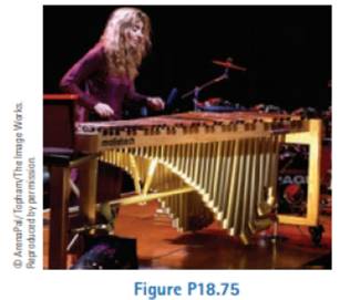Chapter 18, Problem 18.75AP, On a marimba (Fig. P18.75), the wooden bar that sounds a tone when struck vibrates in a transverse 