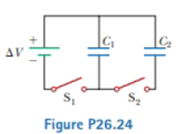 Chapter 26, Problem 26.24P, Consider the circuit shown in Figure P26.24, where C1, = 6.00 F, C2 = 3.00 F. and V = 20.0 V. 