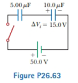 Chapter 26, Problem 26.63AP, A 10.0-F capacitor is charged to 15.0 V. It is next connected in series with an uncharged 5.00-F 