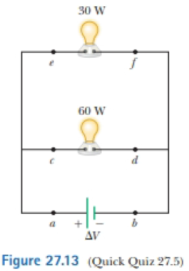 Chapter 27, Problem 27.5QQ, For the two lightbulbs shown in Figure 27.13, rank the current values at points a through f from 