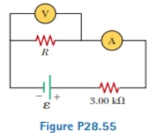 Chapter 28, Problem 28.55AP, For the circuit shown in Figure P28.55. the ideal voltmeter reads 6.00 V and the ideal ammeter reads 