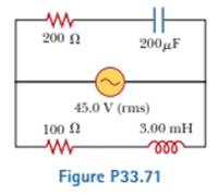 Chapter 33, Problem 33.71AP, In Figure P33.71, find the rms current delivered by the 45.0-V (rms) power supply when (a) the 