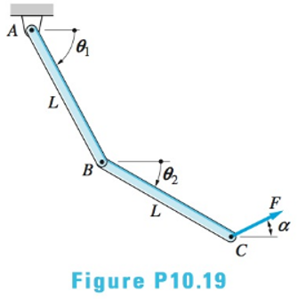 Chapter 10, Problem 10.19P, Determine the force F and the angle a required to hold the linkage in the position 1=60,=15. Each 