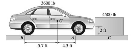 Chapter 7, Problem 7.20P, The 3600-lb car with rear wheel drive is attempting to push the 4500-lb crate. The center of gravity 