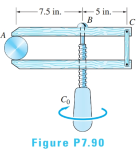 Chapter 7, Problem 7.90RP, The screw of the clamp has a square thread of pitch 0.16 in. and a mean diameter of 0.6 in. The 